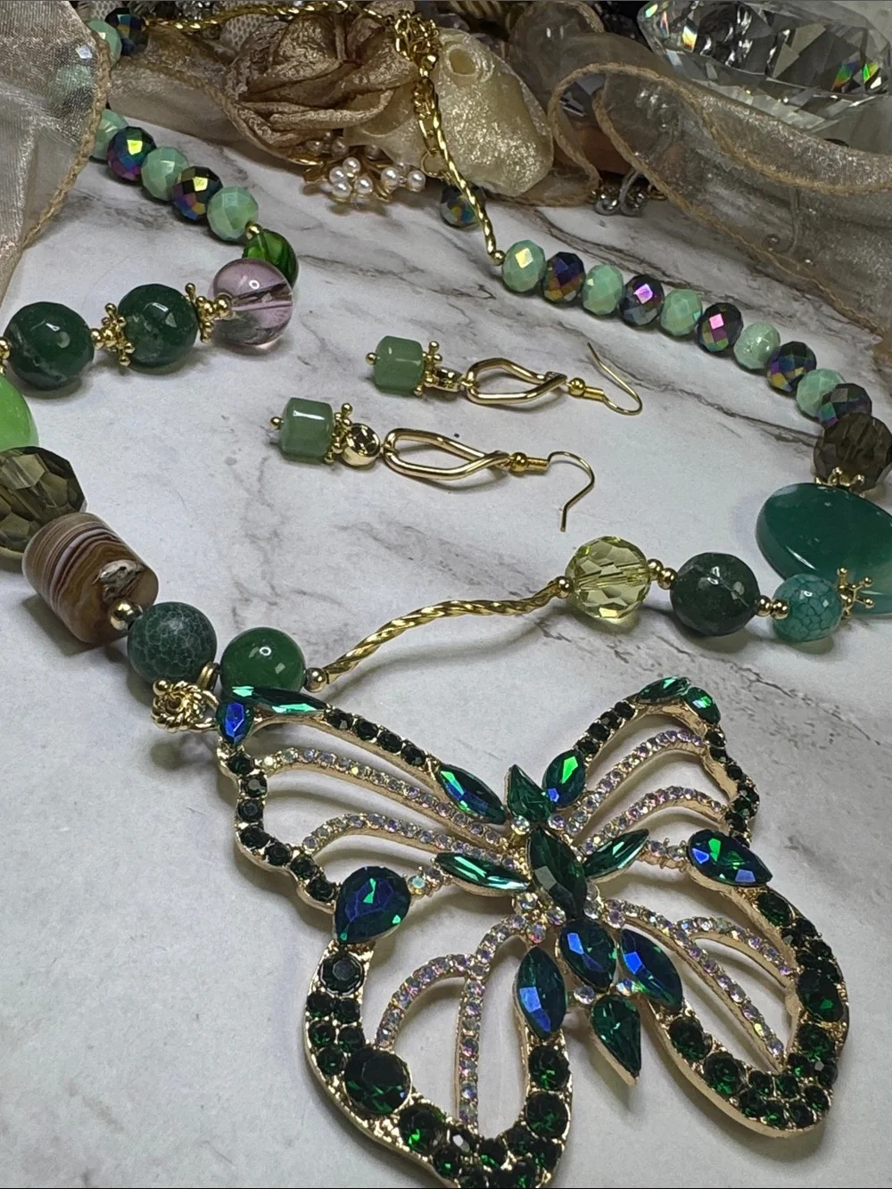Green Crystal Butterfly Pendant Necklace with Earrings-Made in Mexico NWOT - Picture 3 of 5